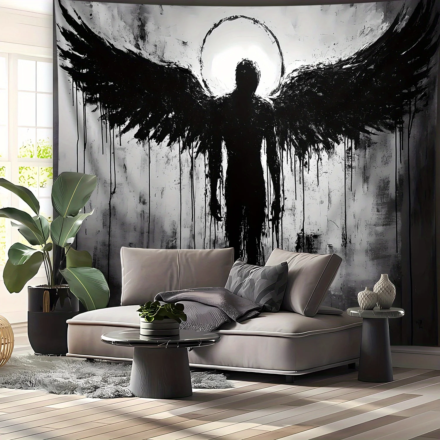 VIKAMA Dark Angel Silhouette Tapestry, Black & White Gothic Winged Figure Wall Hanging for Moody Room Decor