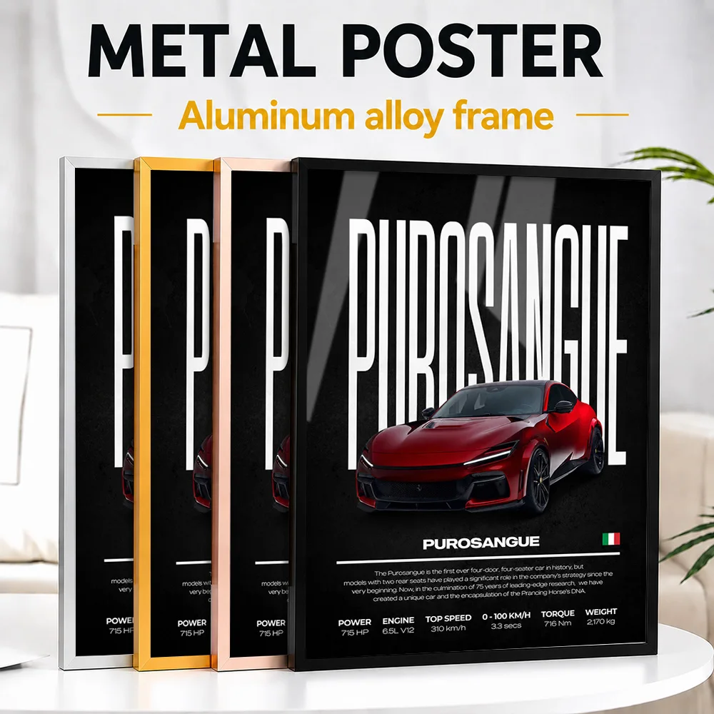Italy Purosangue Car Framed Metal Poster Personalized Photo Sleek Performance Style Wall Art For Game Room Ideal Birthday Gift