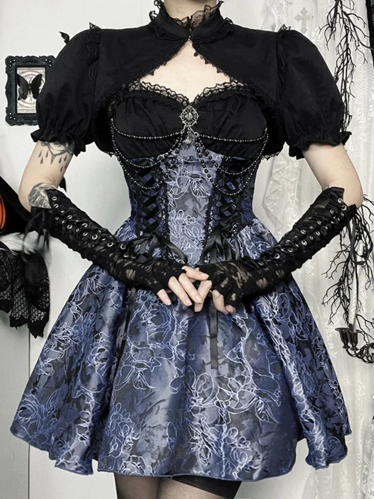 AltGoth Dark Gothic Lolita Dress Women Harajuku Streetwear Aesthetic Fairy Grunge Lace Patchwork Bandage Corset Dress Partywear