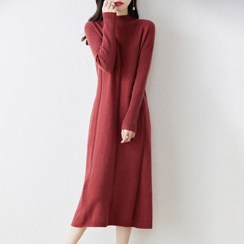 100% Pure Wool Dress Women\'s Autumn And Winter New Semi-High Collar Long Sleeve Slim Hem Cashmere Sweater Knit Long Skirt