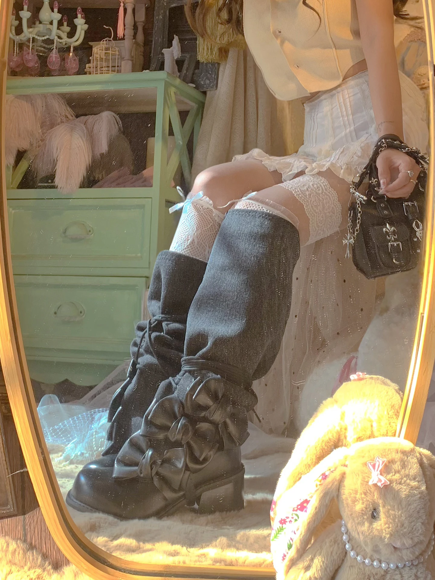 Pinkyo Original nœud papillon Cowboy épissage mi haut bottes à talons hauts doux Cool Luolit filles rétro bottes empilables