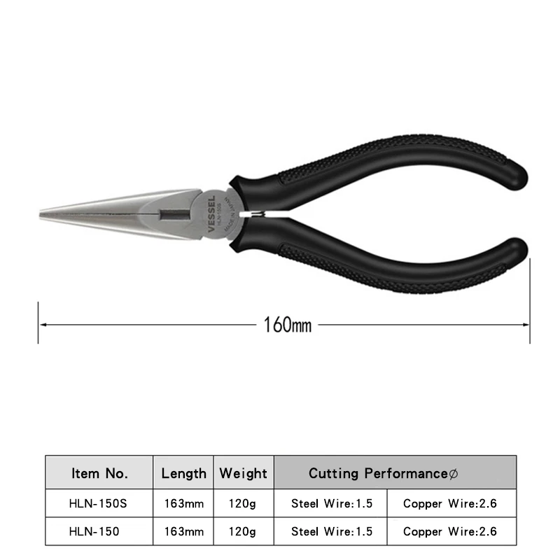 VESSEL Precision Long Reach Needle Nose Pliers with Muti-Purpose of Wire Cutting, Bending, Crimping