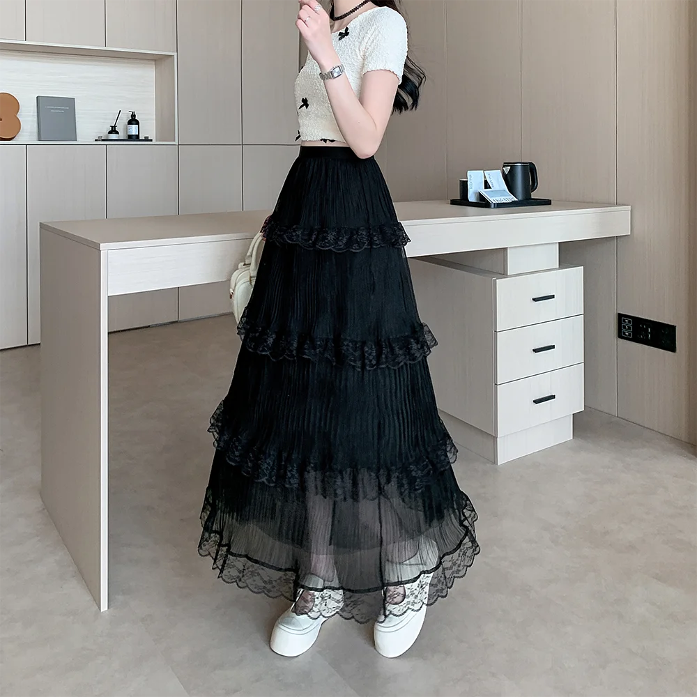 2025 Spring Women's Skirt High Waist Stretch Cake Skirt Lace Transparent Long Skirt