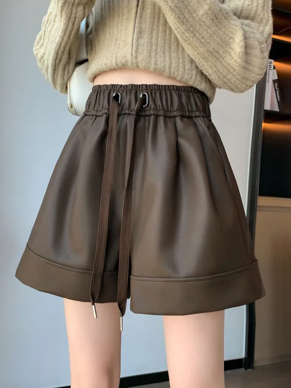 

Женские повседневные брюки Cé Brown из искусственной кожи с высокой талией, широкими штанинами, для весны и осени, утягивающие, А-силуэт
