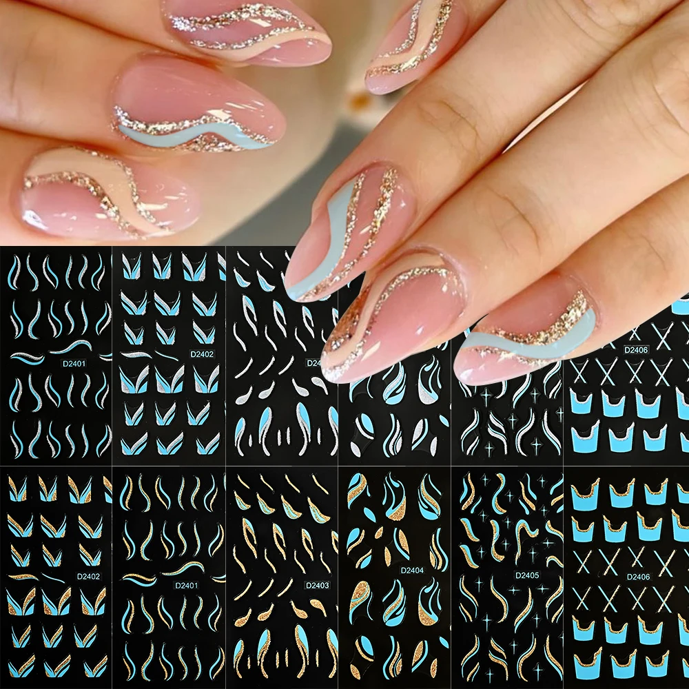 6 pçs/set azul ouro glitter design francês 5d adesivos de unhas linhas curvas redemoinhos onda sliders flocos reflexivos decalques manicure