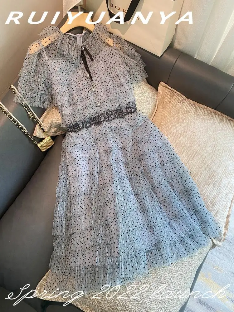 

Новое летнее платье 2026 года с кружевным воротником, бантом-бабочкой, сетчатыми вставками, оборками и волнистым краем на талии для женщин