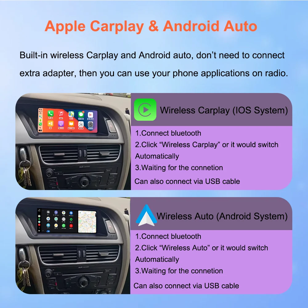 BONROAD 8,8 Zoll Wireless Carplay Android Auto Multimedia Player Autoradio für Audi A4 B8 2009-2016 GPS BT Stereo – Detail 7