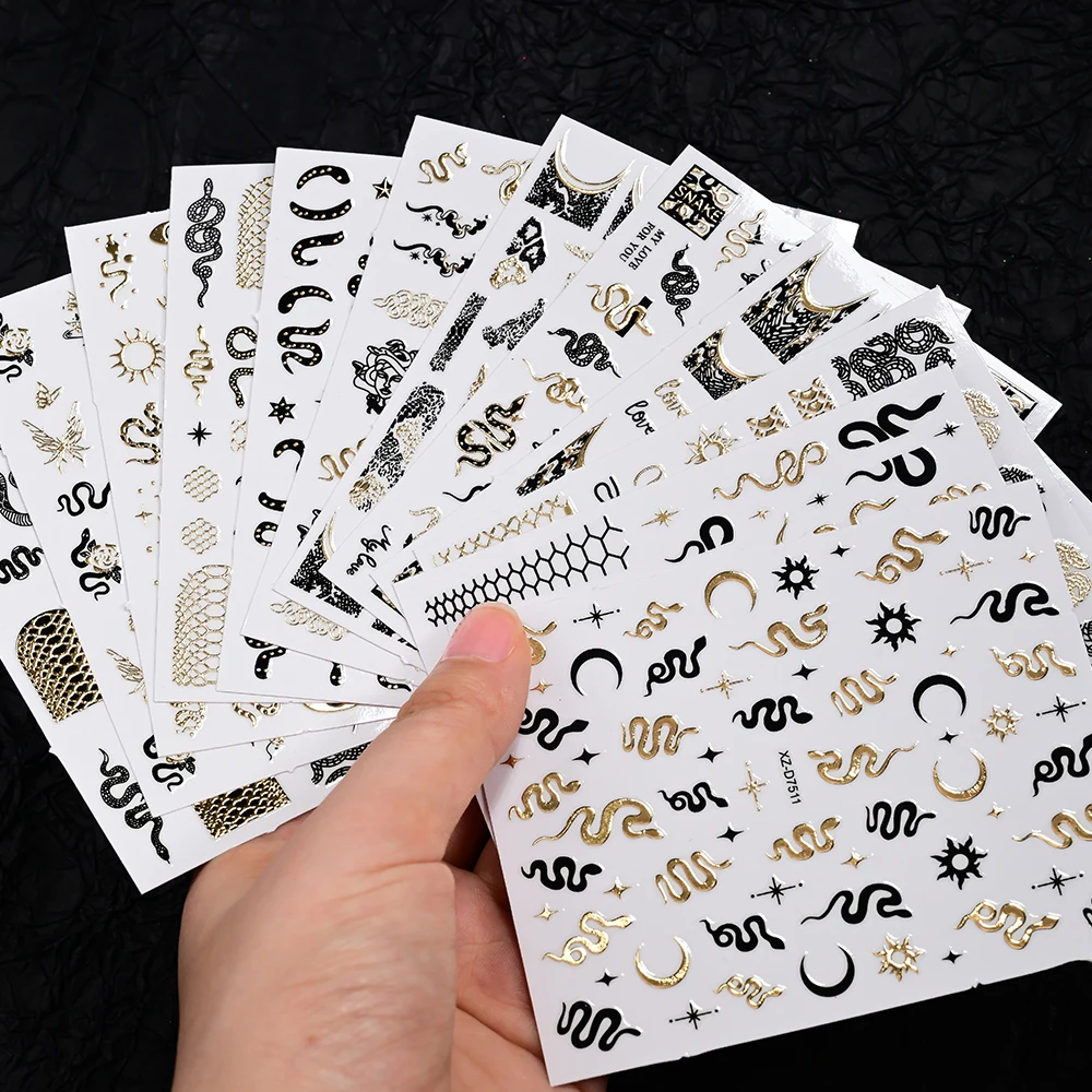 6/12 pièces Brongzing or noir serpent ongles autocollants 5D Sexy serpent imprimé français ongles décalcomanies 8*10 cm auto-adhésif serpent manucure bricolage