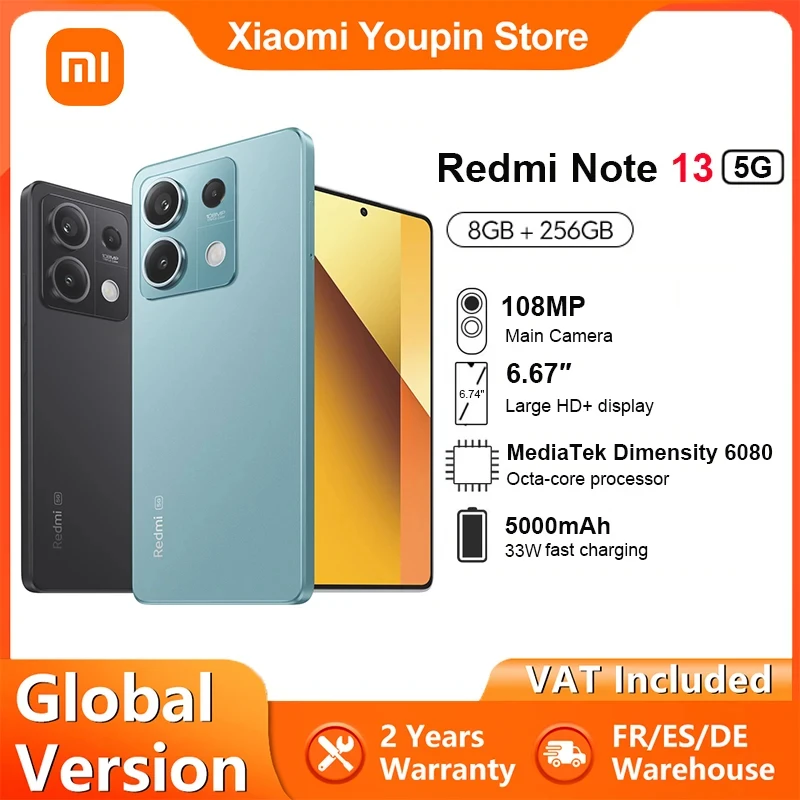 Global Version Xiaomi Redmi Note 13 5G 8GB 256GB Smartphone  Dimensity 6080 120Hz AMOLED DotDisplay 108MP Camera 33W NFC