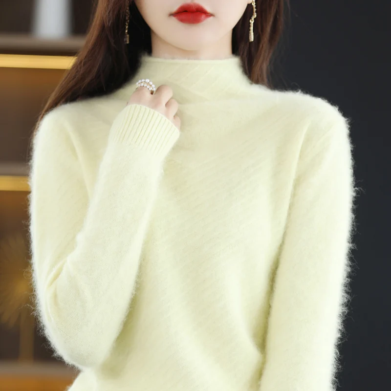 

New Autumn And Winter Hemmed Half-High-Necked Mink Cashmere Sweater Women's Pullover Sweater Slim Cashmere Knit Bottoming Shirt