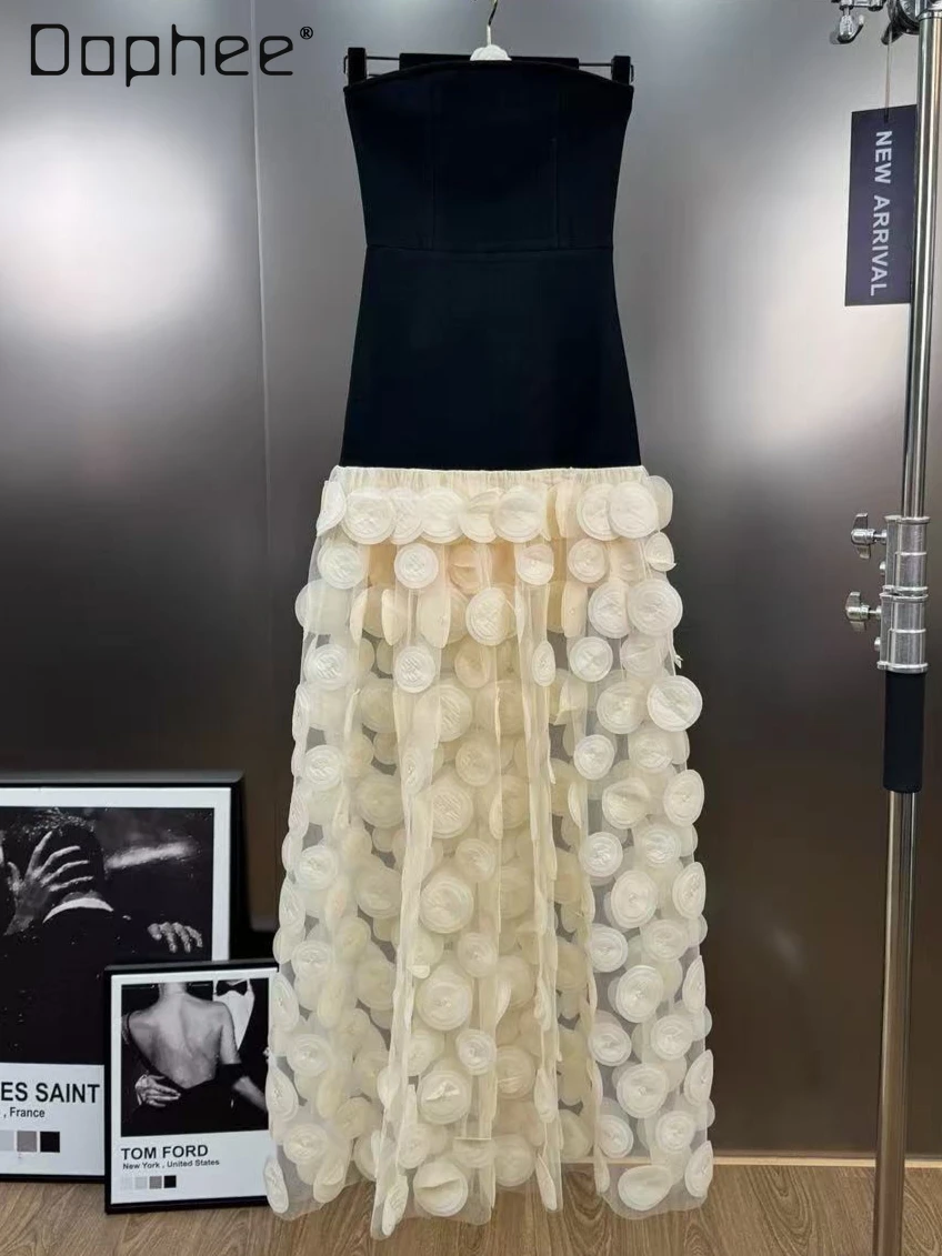 

French Retro Fairy Style Evening Dress High-end Sweet Three-dimensional Flower Off-shoulder Strapless Patchwork Long Tutu Dress