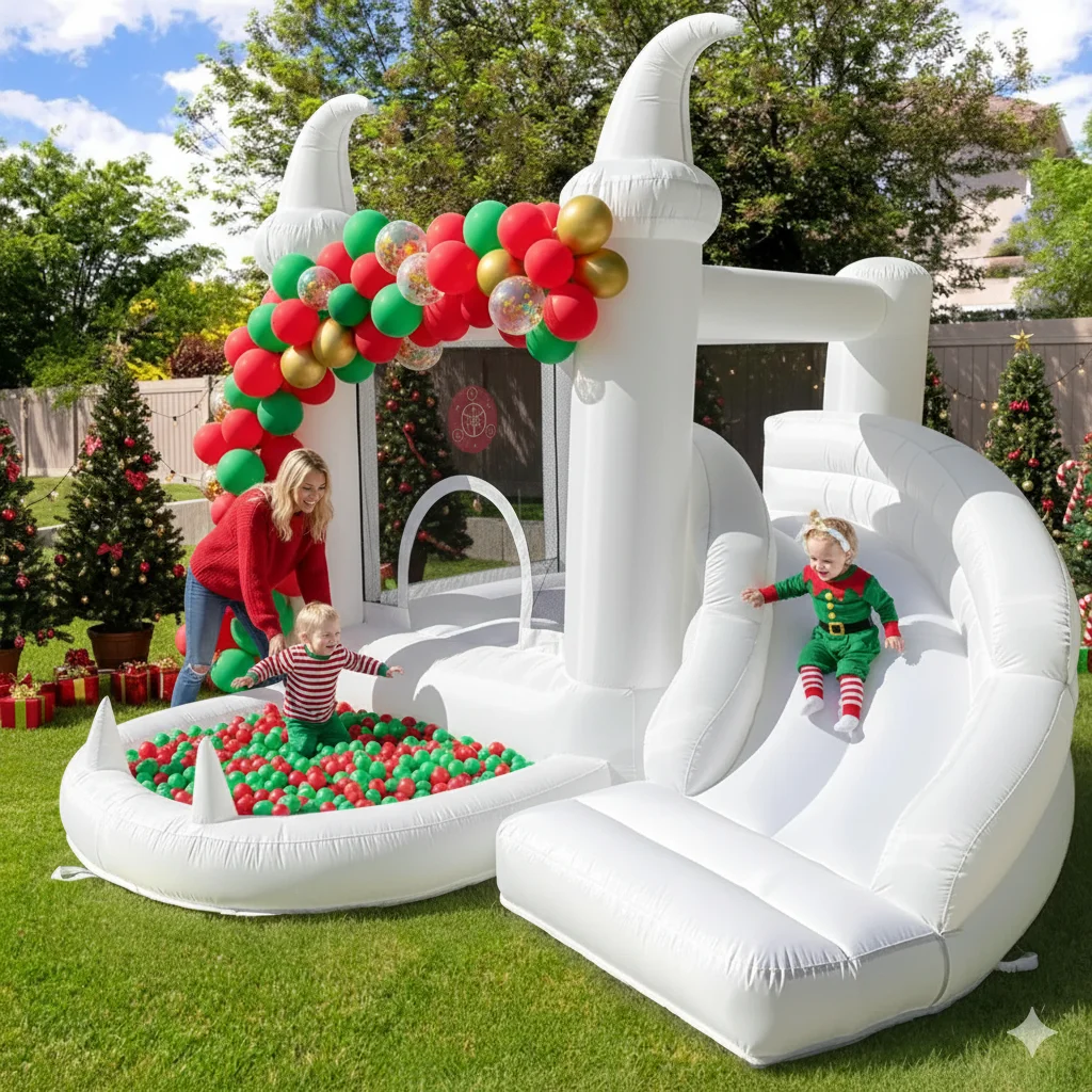 منزل أبيض مع منفاخ كرة أطفال لحمام السباحة، قلعة نطاطة للعائلة في الفناء الخلفي مناسبة لتخصيص حفلات أعياد الميلاد
