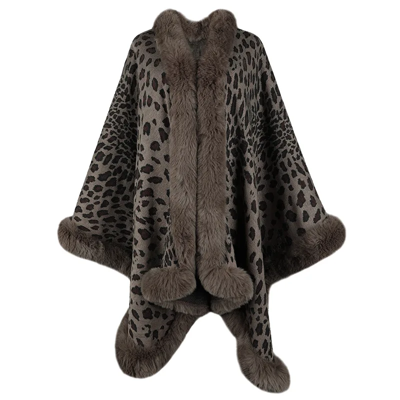 

Winter Thick Warm Poncho Faux Rabbit Fur Collar Cape Coat Women Vintage Leopard Sweater Cardigan Female Batwing Sleeve Shawl