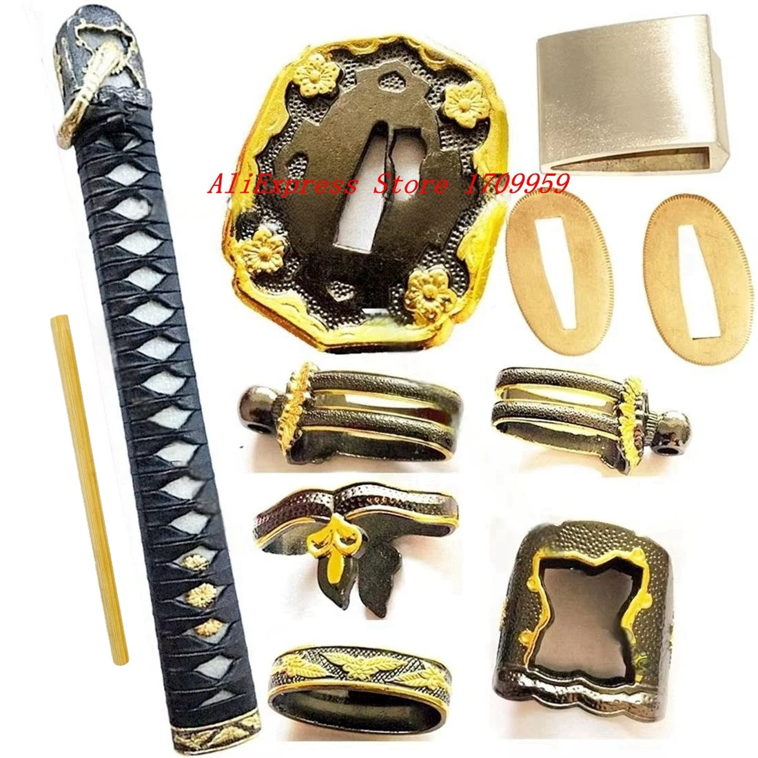 poignee-en-cuir-a-rayons-reels-de-26cm-ito-tsuka-tsuba-habaki-seppa-pour-samourai-japonais-katana-sabre-militaire-tachi-raccords-d'epee
