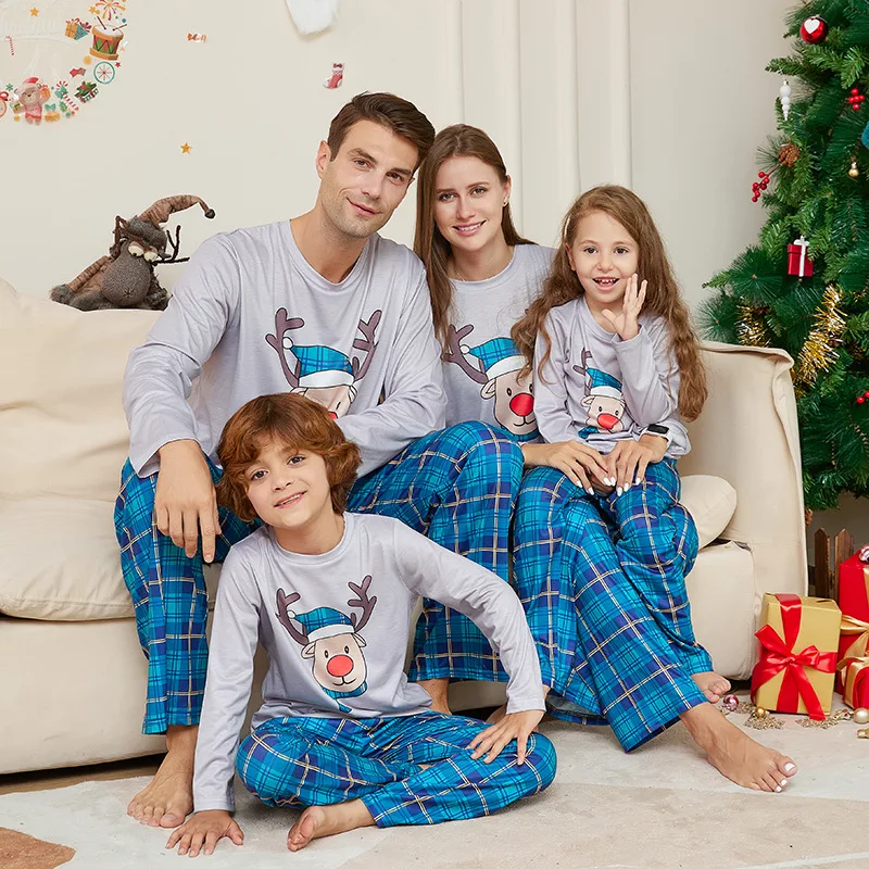 

Xmas Family Look Pyjamas Blue Plaid Print Mom Dad Kids Christmas Matching Outfits Full Sleeve 2 Pieces Suit Cute Loose Sleepwear
