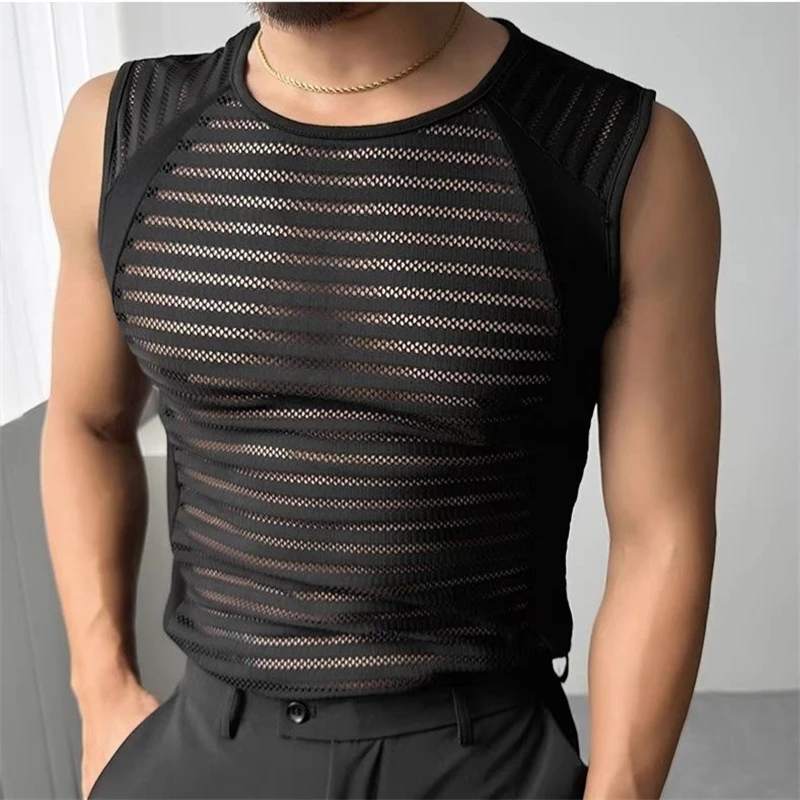 Men's Summer Sheer Mesh Fitness Sleeveless Vest Outdoor Sports Striped Transparent Quick Dry Gym Tank Top