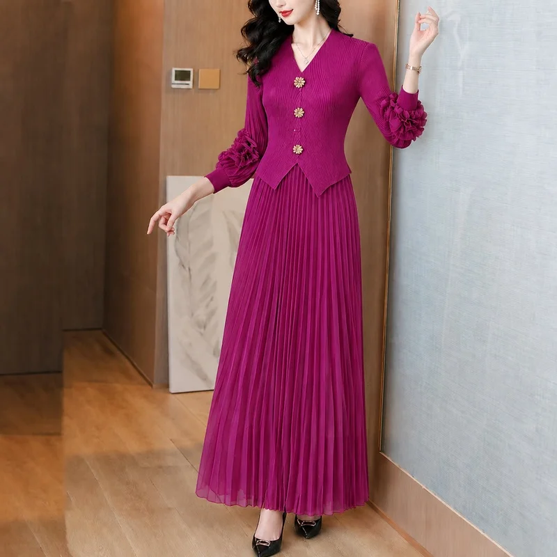 Women Spring New Lantern Sleeves V Neck Elegant Solid Color Suit Patchwork Design Miyake Pleated Two Pieces Top Long Skirts Sets