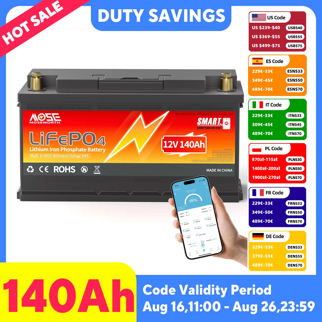 MOSEWORTH 12V 140Ah LiFePO4 Lithiumbatterie Eingebaute 100A Smart BMS Deep Cycle LiFePO4 Batterie 1792Wh für Trolling Motor RV