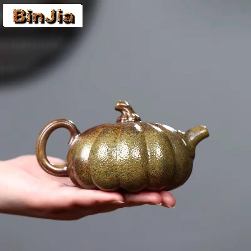 290ml Yixing Purple Clay Teapots Handmade Pumpkin Pot Raw Ore Section Mud Wood-fired Porcelain Tea Soaking Kettle Zisha Set Gift