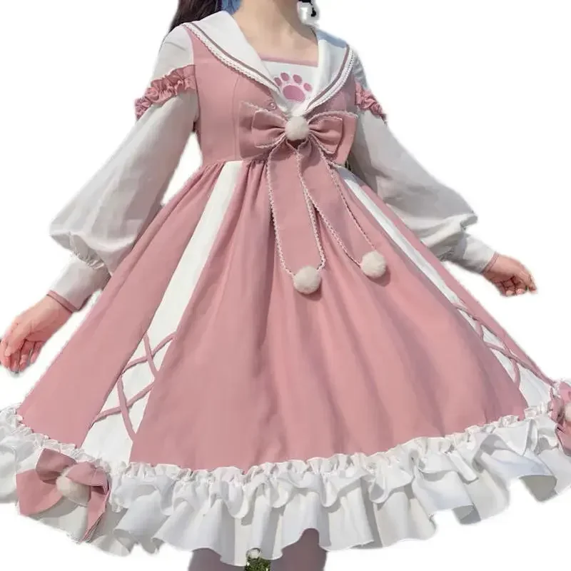 M-4XL dulce vestido de lolita con lazo rosa para mujer, vestido holgado de manga larga Kawaii para fiesta de té, princesa Cos OP Fairy Kei M17