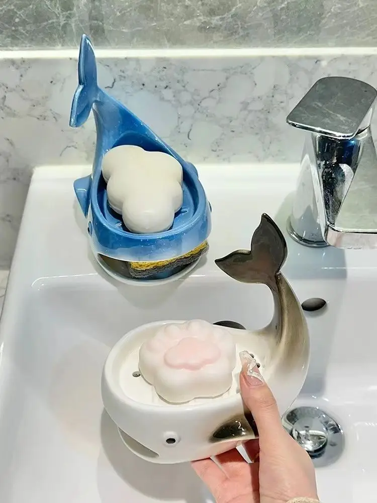 Ceramic Whale Drain Soap Box Modern Household Bathroom Simple Creative Arts Storage Tray Hotel Bathroom Advanced Sense Soap Rack