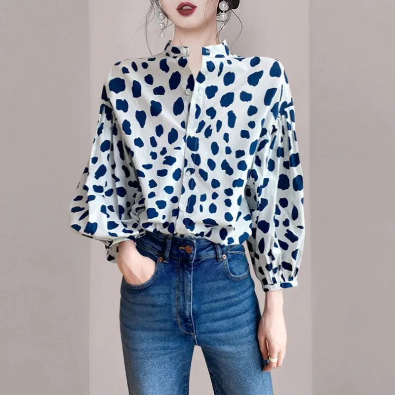 Age Reducing Design Bubble Sleeves Polka Dot Shirt New Women\'s Fashion Retro Niche Chiffon Top