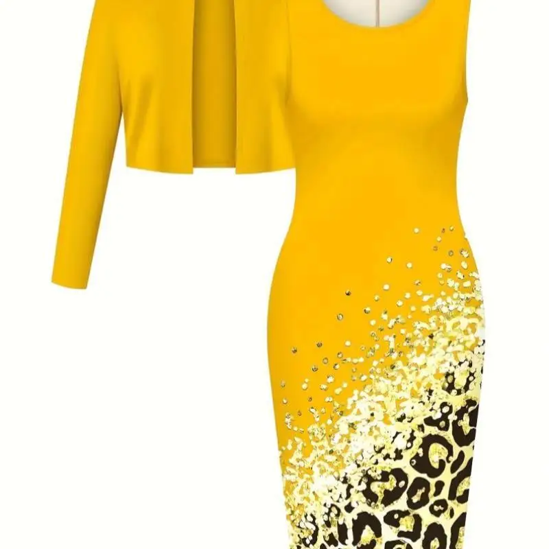 

Women's Two-Piece Set Long Sve Dr with Open Cardigan Spring 2026 Chinese Sle Collar Seven-Quarter Sve Length