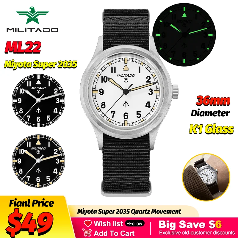 

Новые мужские часы Militado ML22, кварцевые часы Miyota 2035, винтажные наручные часы с стеклом K1, светящиеся часы BGW9 C3, водонепроницаемые часы с защитой от воды 10 бар
