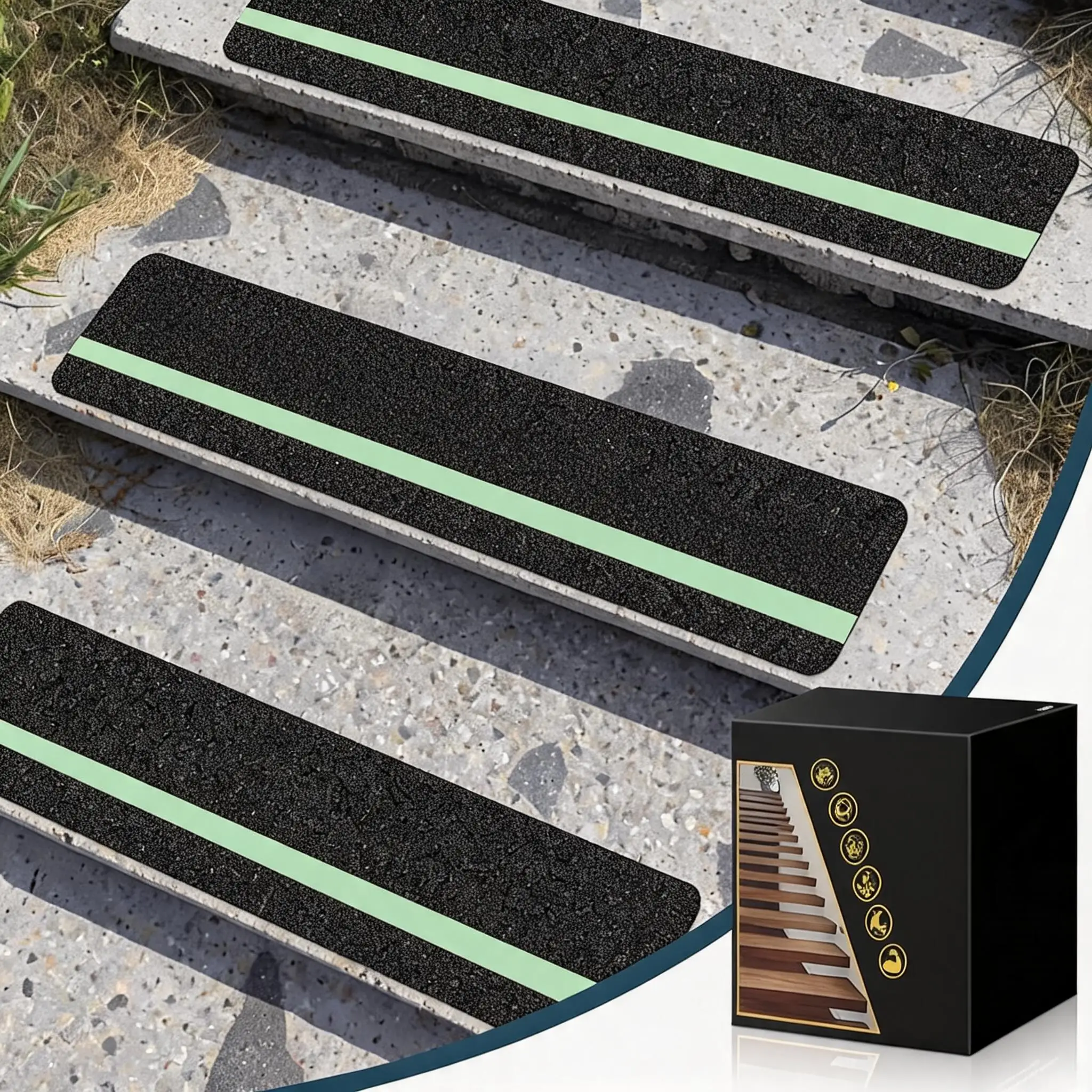 Lot de 10 bandes antidérapantes lumineuses pour escaliers, prédécoupées 10 cm x 76 cm, ruban de sécurité antidérapant avec vision nocturne lumineuse, adhésif puissant pour bois, béton, carrelage, métal, durable pour utilisation intérieure et extérieure, rampes, entrées, ateliers.