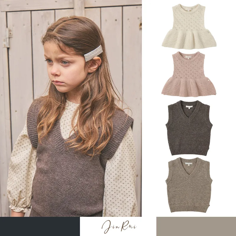 Kids Knitted Vest 2026 Winter Pink Fashion Korean Style Girls Pullover Vest Cardigan Warm V Neck Outside Wear Boys Knitted Coat