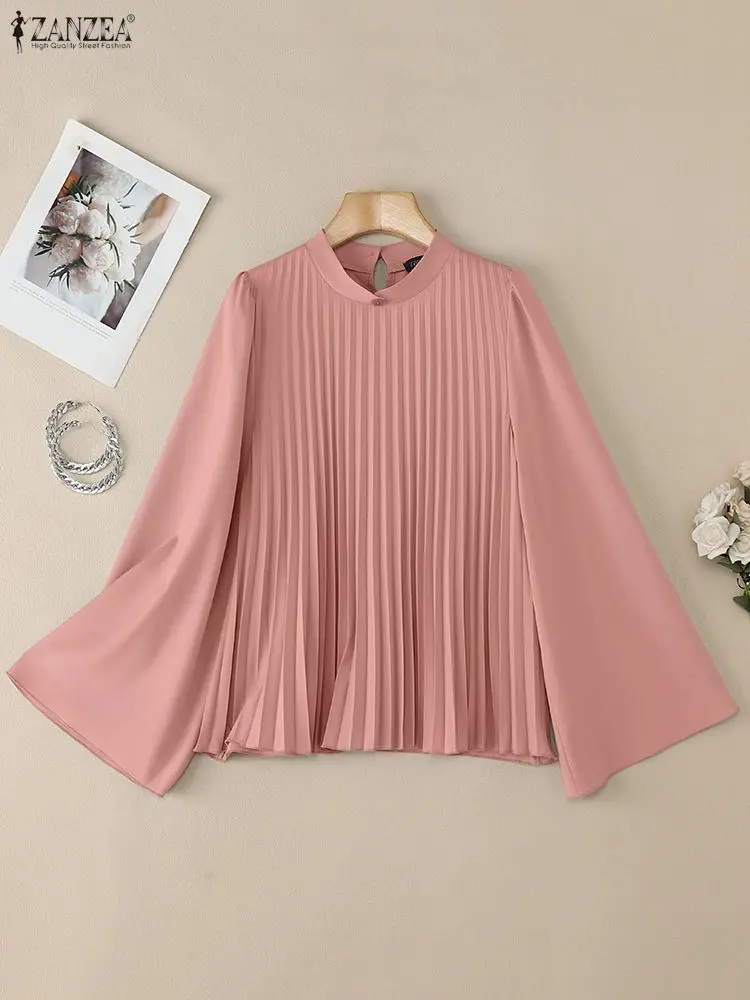 Femmes élégant Chic Plisse Blouses col montant manches longues évasées couleur unie hauts plissés ZANZEA automne mode femme vêtements