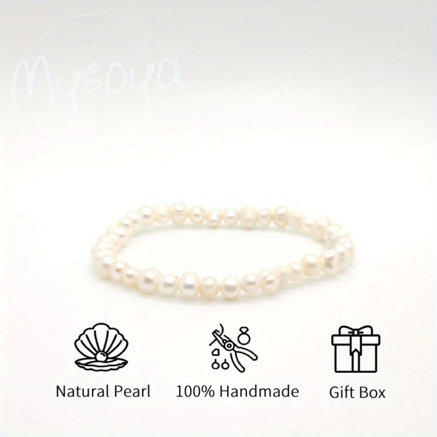 

Браслет из белого пресноводного жемчуга Mysoya 5-6 мм с подарочной коробкой, подарок для него/нее, подходит на Рождество, день рождения, День святого Валентина