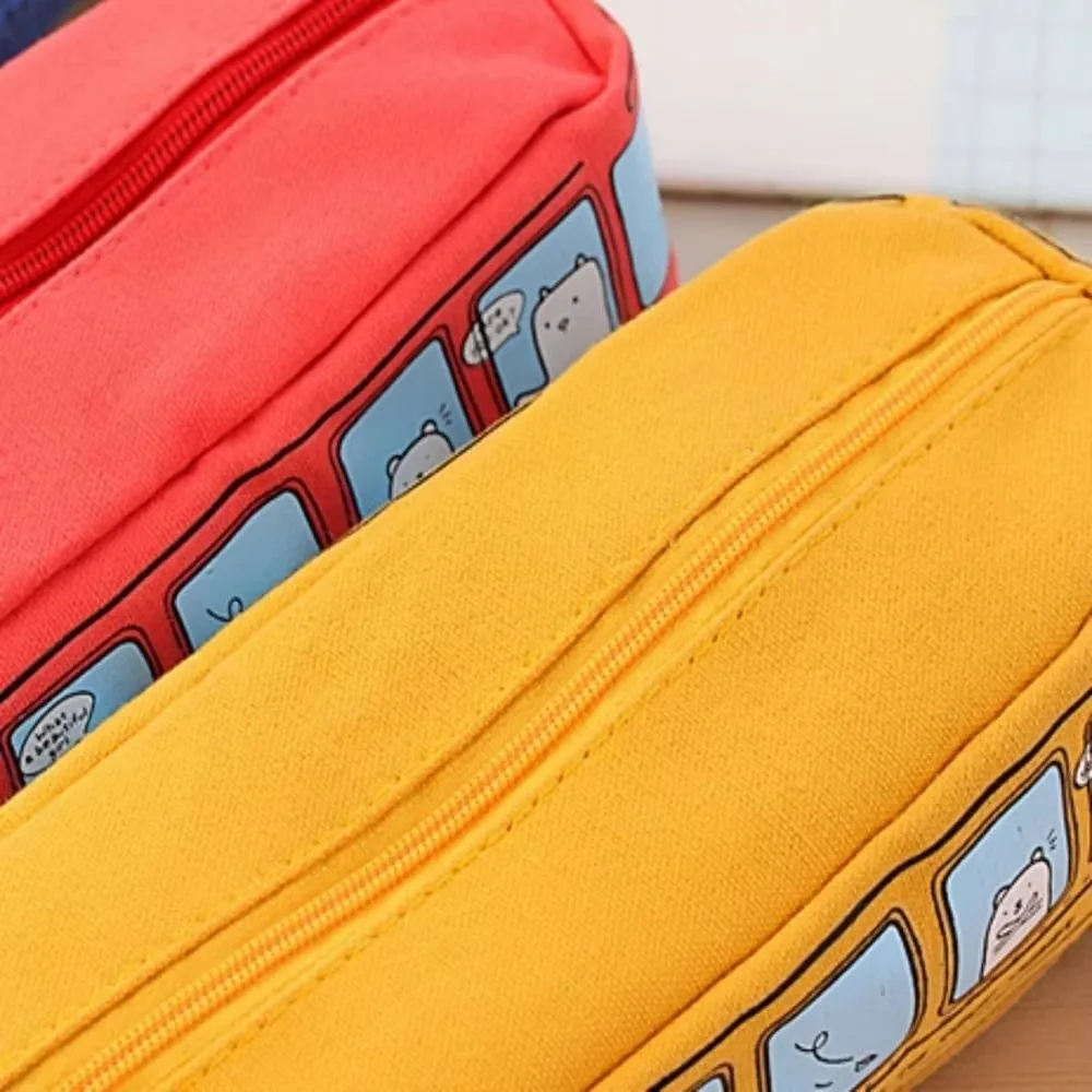 Large Capacity School Bus Pencil Case Zipper Closure Creative Design Stationery Box Cartoon Pattern Canvas Material Pen Bag