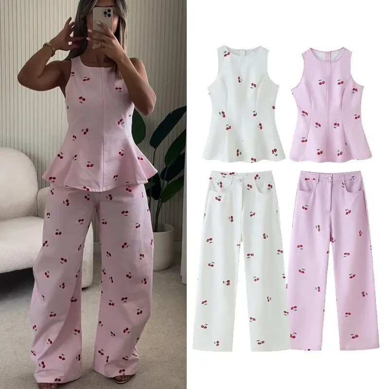 

HipSeam Women's Fruit Print Pants Set 2 Piece Casual O-Neck Tops with Side Zipper Pocket Culottes Two Piece Set Female Outfit