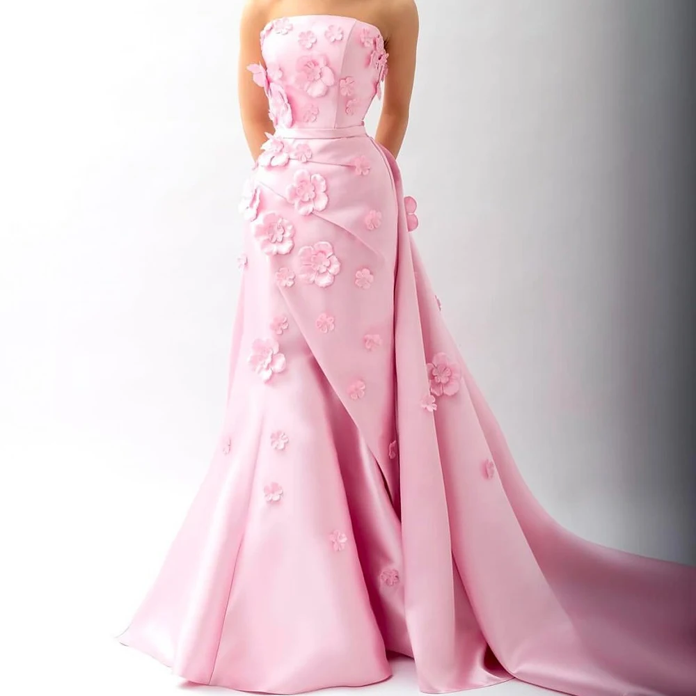 

Customized Elegant Appliques Panel Train Jersey Evening Dress Temperament Strapless Sleeveless Sheath Floor Length Bri
