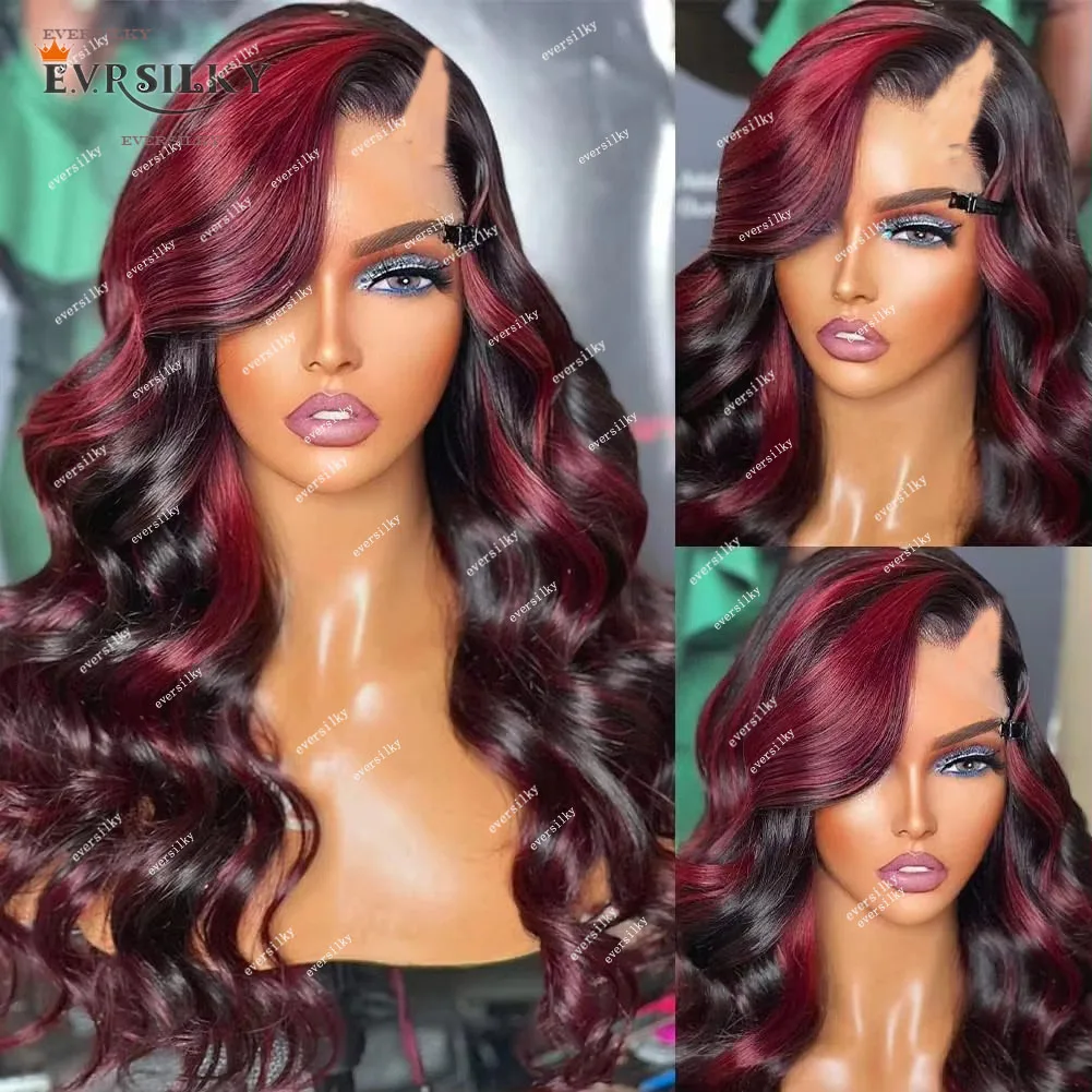 Burgundy Highlights Body Wvae V Part Remy 100% Human Hair Wig Ombre 99J Red Side/Middle Open Wig Body Wavy U Shape Full End 250%