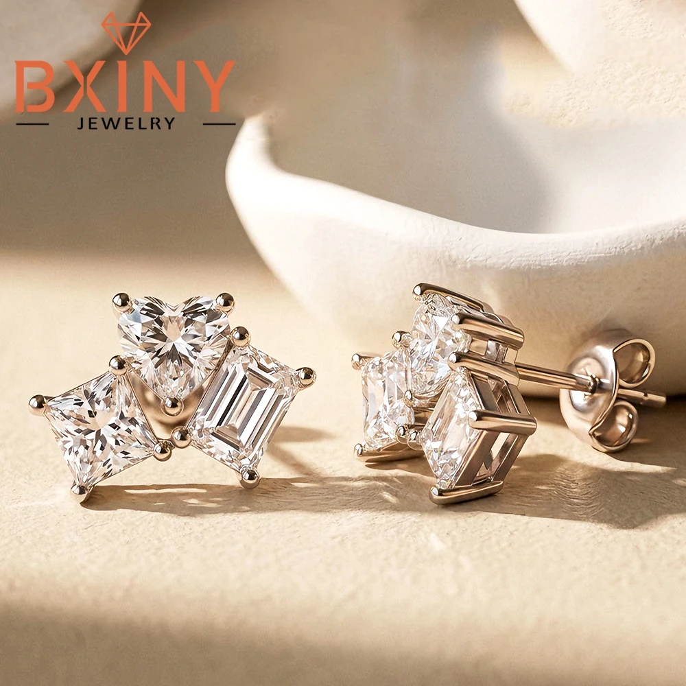 BXINY 3.2cttw 3-Stone Moissanite Stud Earrings S925 Silver Heart&Princess&Emerald Cut Diamomds Ear Studs for Women Gifts Jewelry