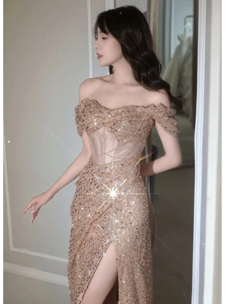 

Champagne Color Evening Gown Women's 2025 New Banquet Elegance Lady High End Luxury Big Brand Fla Gown Korean Sle Long Dr
