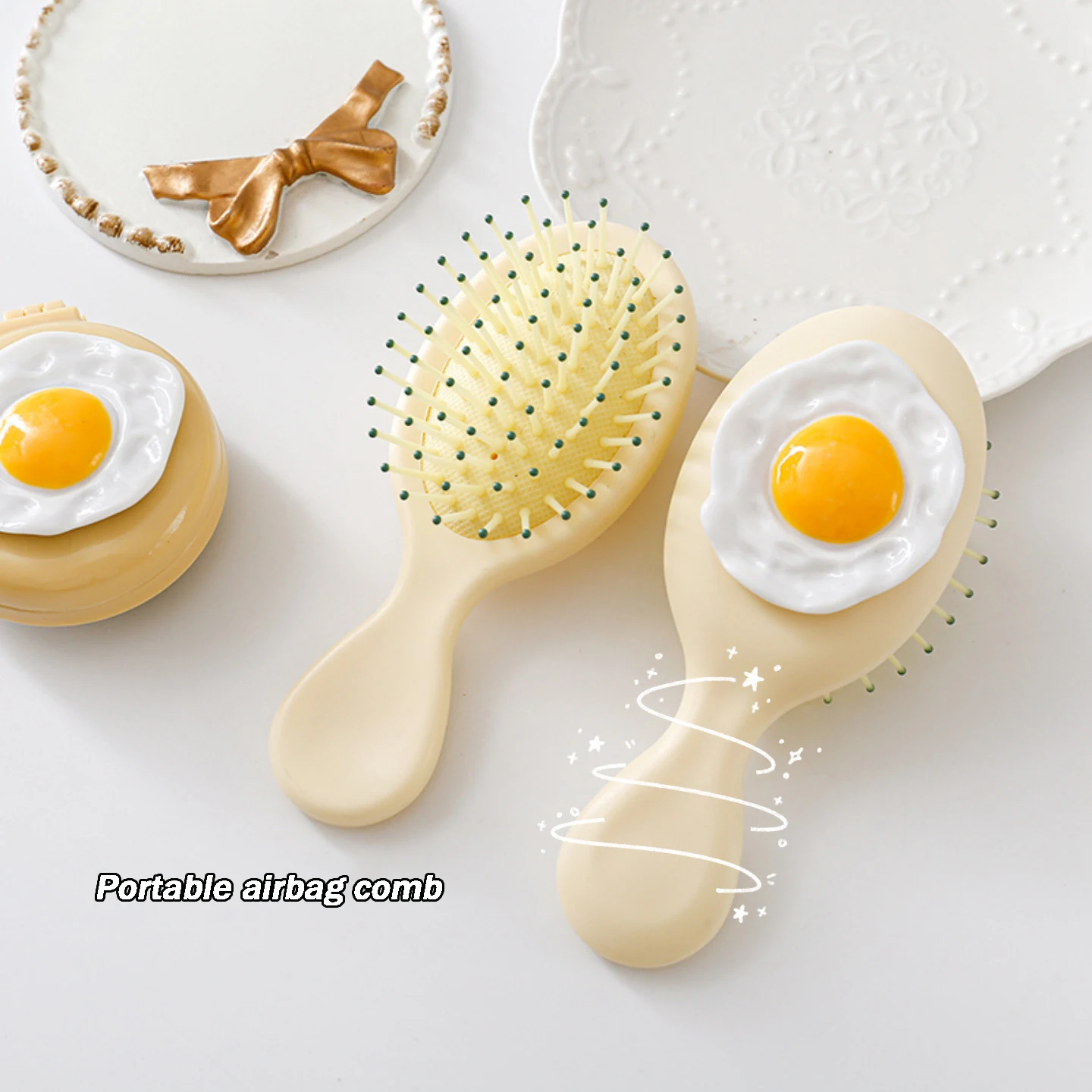 

CHEN LIN Cute Cartoon Fried Egg Massage Comb With Mirror Integrated Airbag Comb for Children Kid Hair Brushes Hair Styling Tool