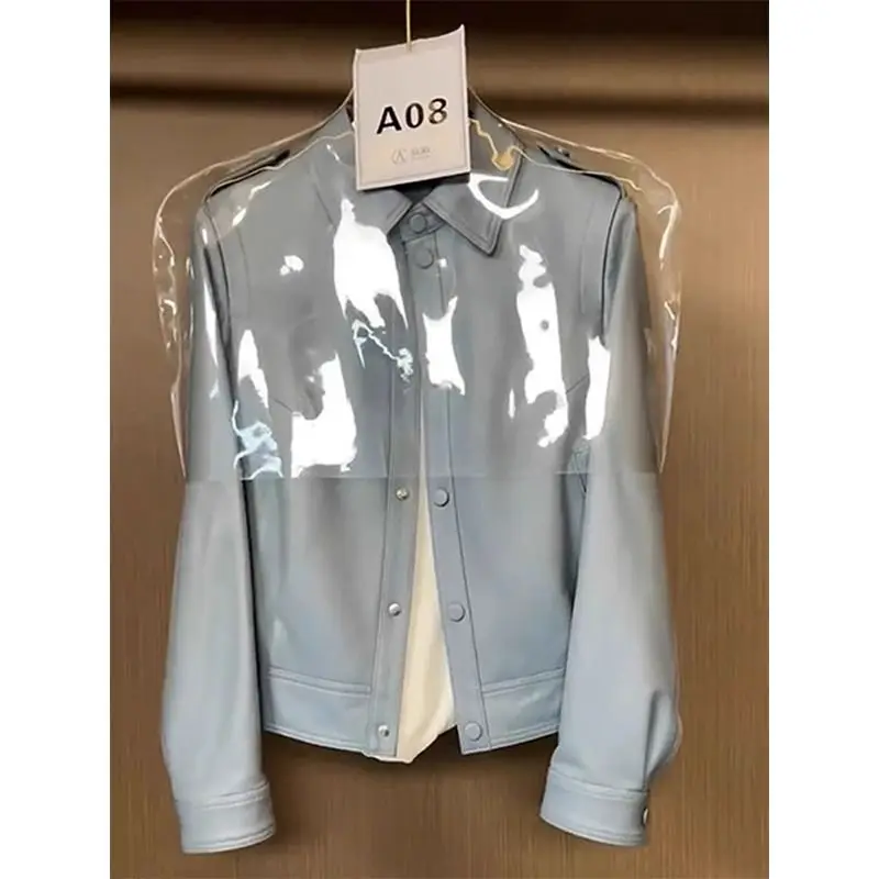 High End Blue Leather Jacket For Women 2025 Autumn New European Style Versatile Sweet and Cool Loose Jacket Top Women Outwear
