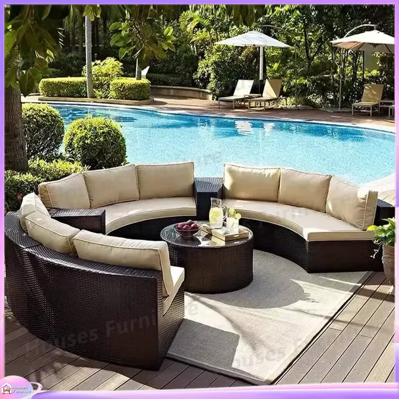 Rattan Half Moon Sofa Outdoor Garden Furniture Set Semi Round Wicker Patio Couch Sectional Seating for Yard Lawn Balcony