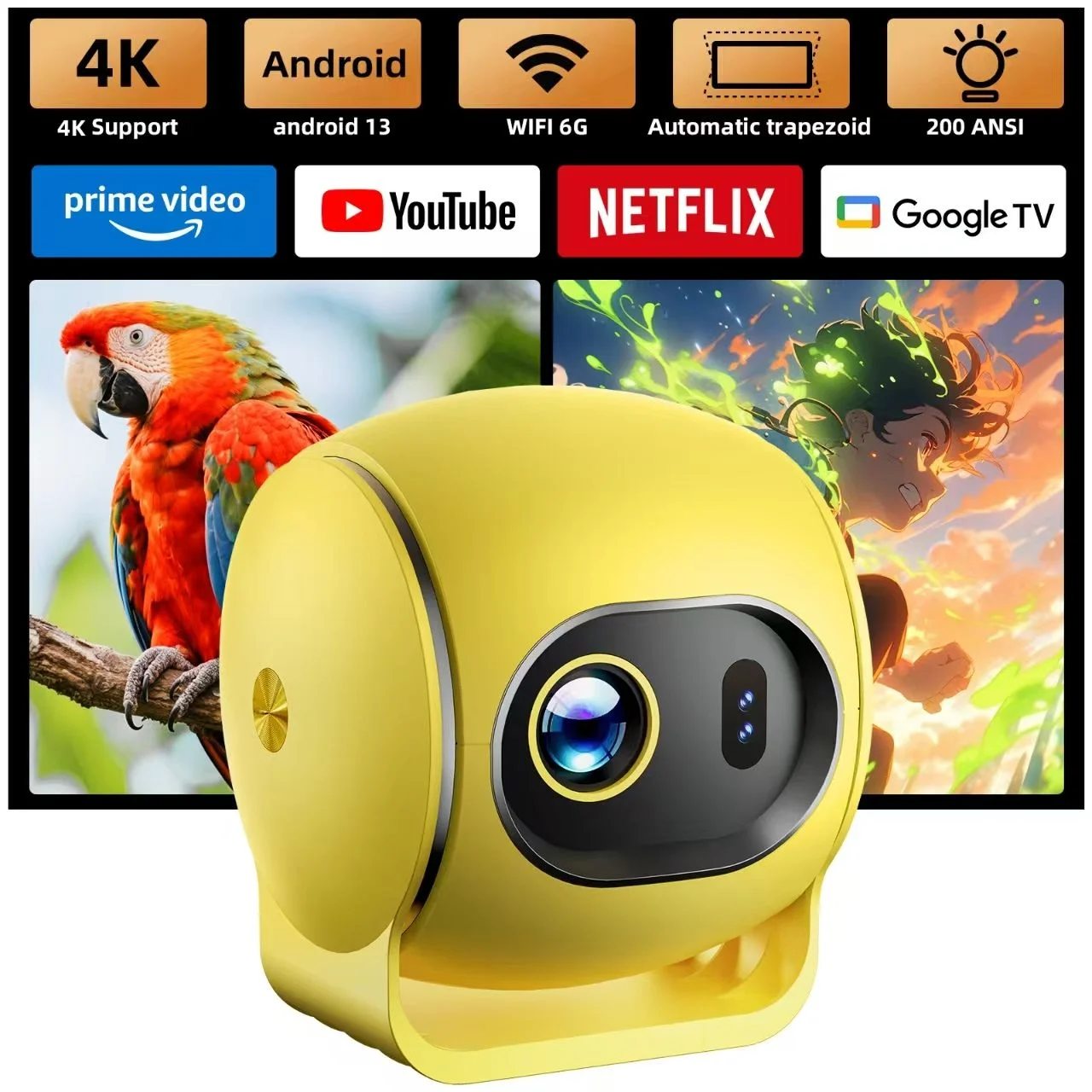 

Проектор Q3 с технологией LCD высокого разрешения 1080p, версия Android, способен проецировать изображения для домашних кинотеатров размером от 35 до 200 дюймов.