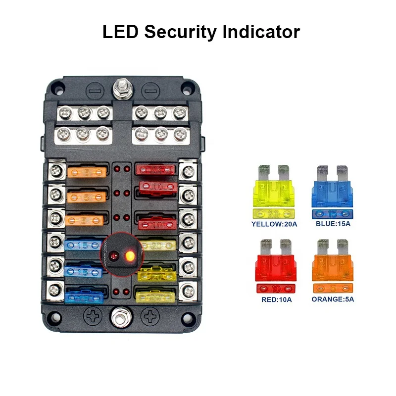 Waterproof Automotive Bus Marine 12-Way Circuit Light Emitting Diode Indicator 32V DC Fuse Box Holder with Negative Terminal