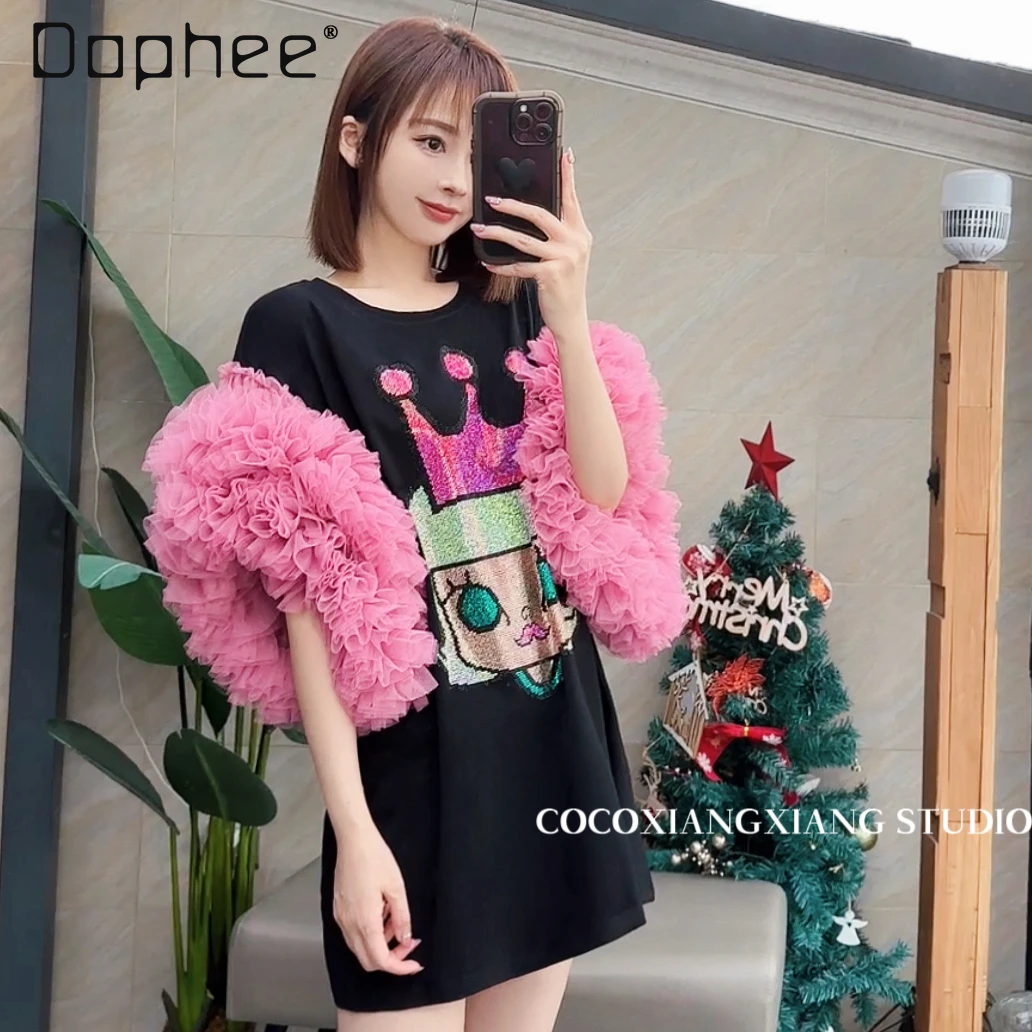 المد الساخن الماس الكرتون الصناعة الثقيلة منتفخ الأكمام شبكة خياطة فستان كبير الحجم لطيف فضفاض فساتين تي شيرت متوسطة وطويلة