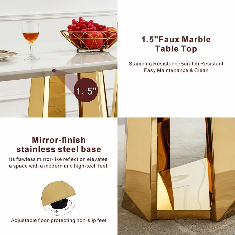 طاولة طعام مستطيلة من الرخام الصناعي لطاولة مطبخ كبيرة مقاس 6 إلى 70 بوصة مع قاعدة من الفولاذ المقاوم للصدأ، تصميم حديث باللون الذهبي والأبيض