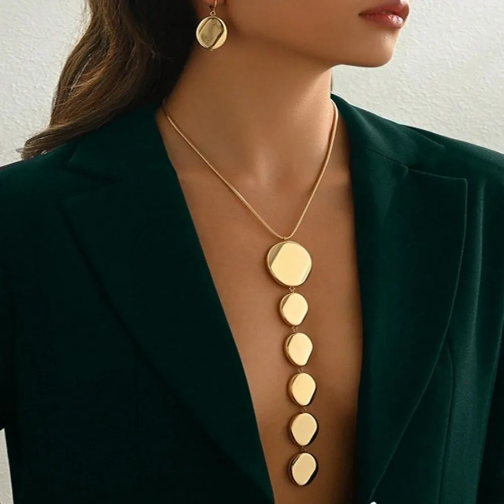 Punk Exaggerated Pendant Necklace Earring Set Geometric Oval Long Pendant Necklace Irregular Y-Shape Clavicle Chain Jewelry Set