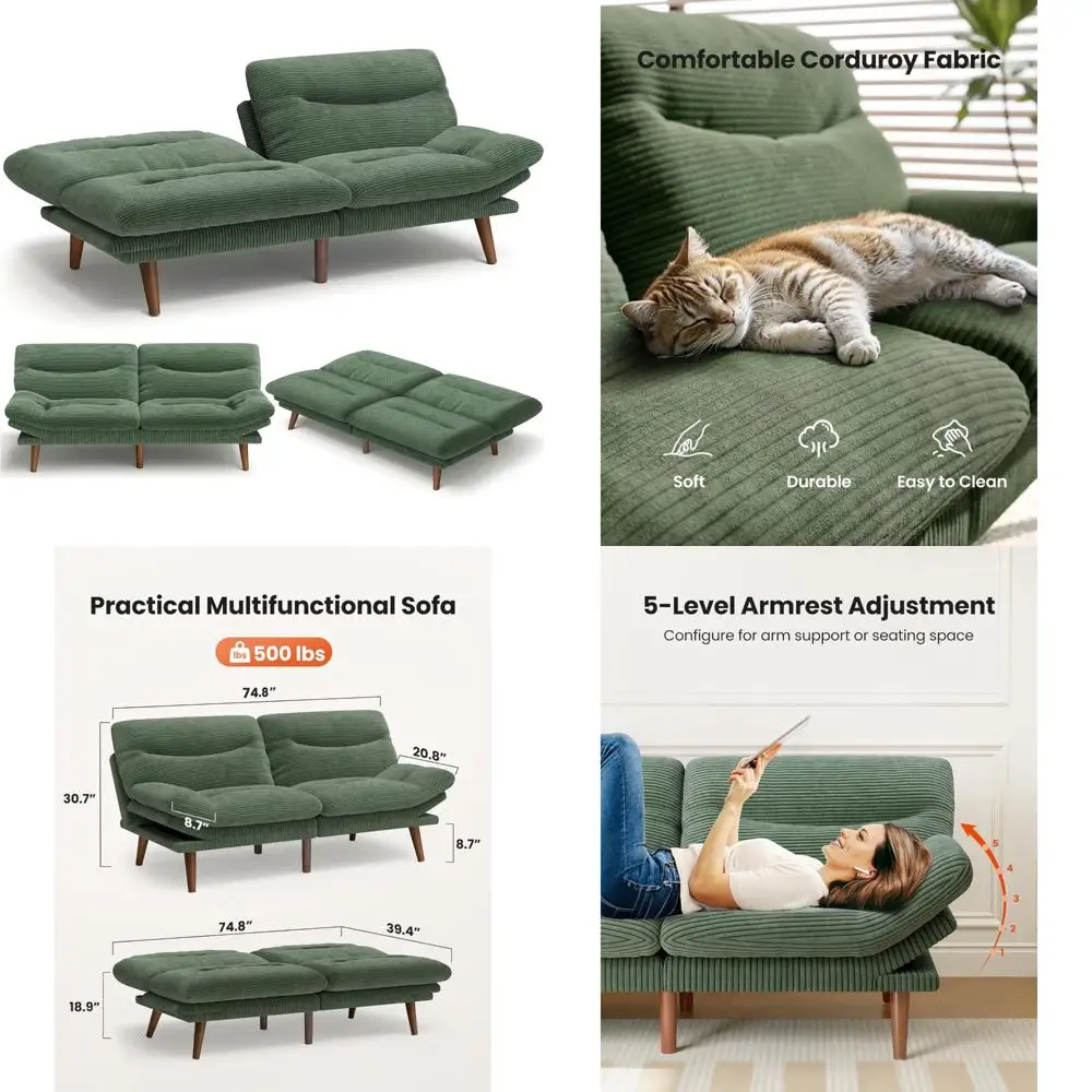 أريكة سرير قابلة للتحويل، أريكة 75 فوتون مع مسند ظهر ومساند للذراعين قابلة للتعديل، سرير أريكة نوم قابل للطي 3 في 1 من سروال قصير