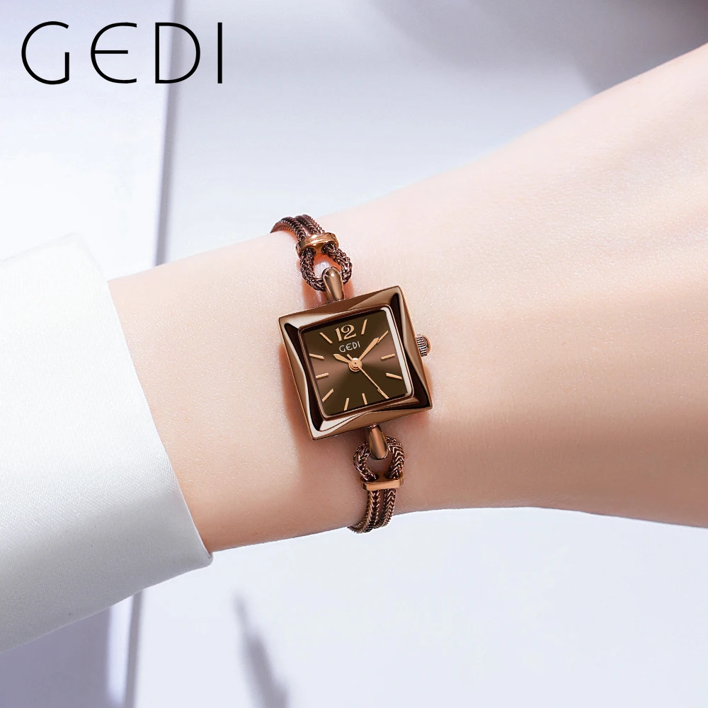 2024 Fashion Gedi Top Brand Rose Gold Women Square Wrist Watch Alloy Rope Band Water Resistance Luxury Ladies Quartz Jewely 20mm