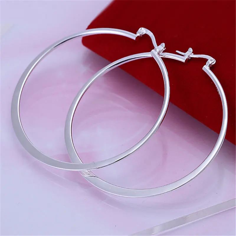 Wholesale 925 Sterling Silver 55MM Simple Flat Circle Hoop Earrings For Women Fashion Party Favors Wedding Jewelry Charm