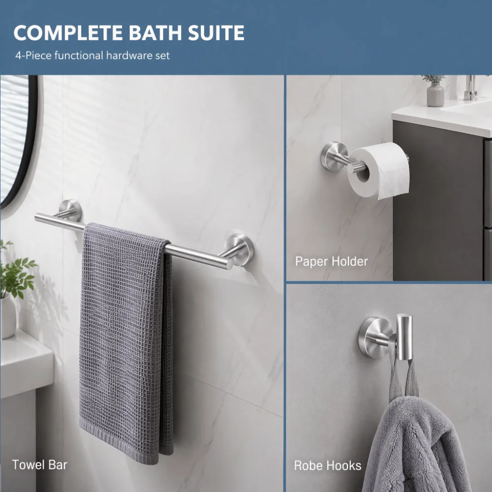 304 Stainless Steel Bathroom Hardware Set Easy Installation Multifunctional Towel Bar Set Space Saving Black Silver